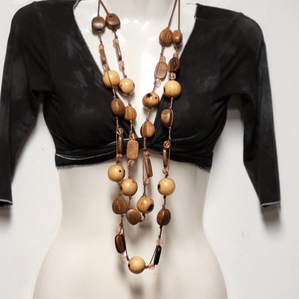 Large Wood Inspired Earthtone Beaded Long Statement Necklace